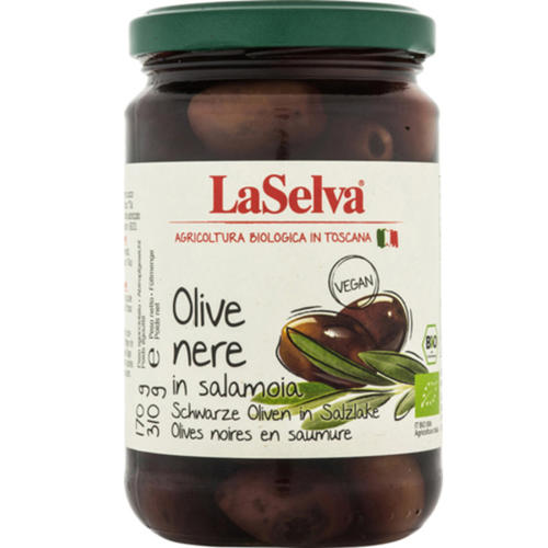 Schwarze Oliven in Salzlake